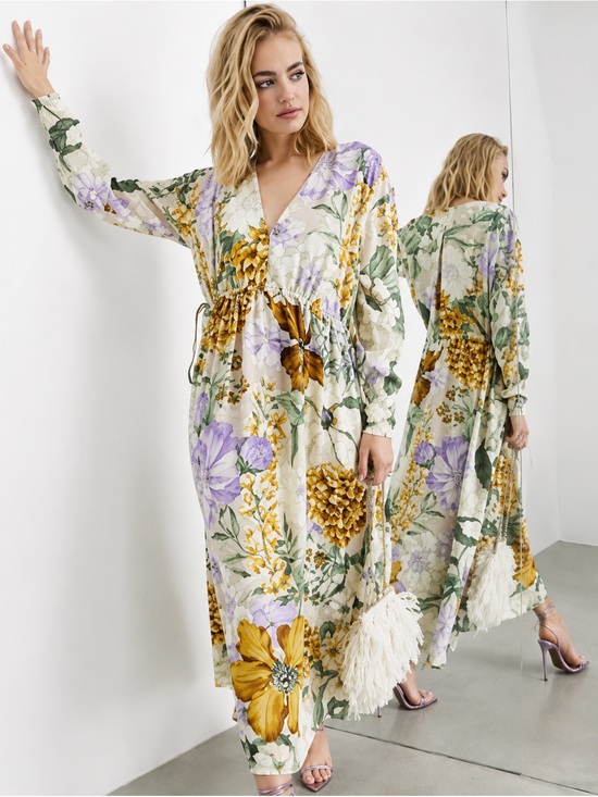 ASOS Dresses & Skirts - ASOS Cream Floral V‑Neck Maxi Gown Dress with Yellow & Lavender Flowers EUC